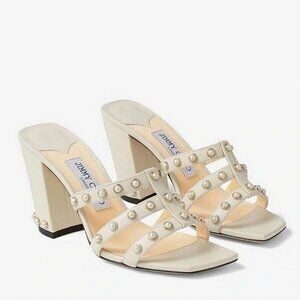 JIMMY CHOO Hazal 85 Pearl Stud Mules Leather Sandals Latte NIB SZ 39.5